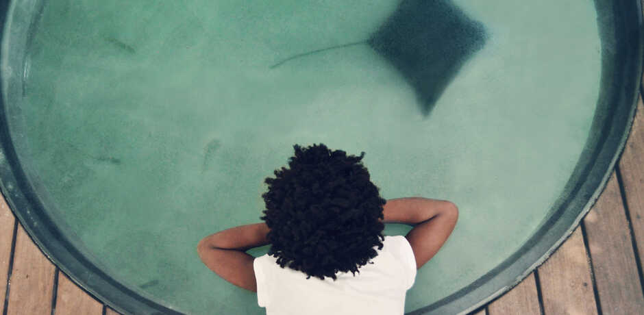 Girl looking through glass at stingray swimming below on exhibit at the Academy