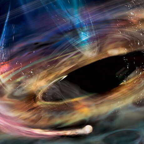 Artist rendering of matter stripped from white dwarf orbiting a supermassive black hole