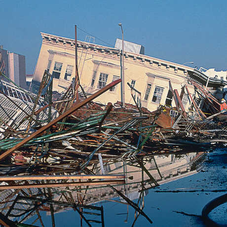 A collapsed house in San Francisco after the 1989 Loma Prieta earthquake