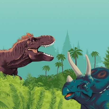 Colorful illustration of a roaring T. rex and Triceratops in a prehistoric tropical landscape