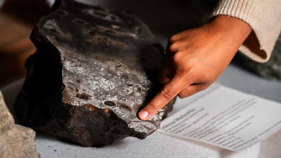 Crystal Cortez points to another meteorite in the Academy collections, showing the specific patterns on the rocks face.