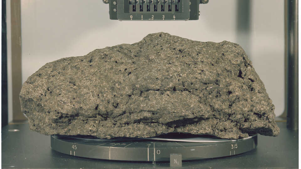A view of the original moon rock before it was split into samples.