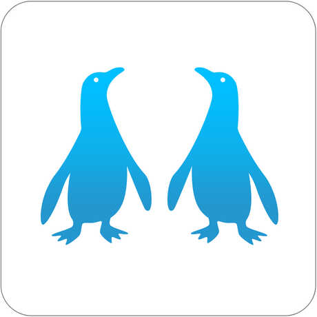 Graphic of two stylized blue penguins standing face to face