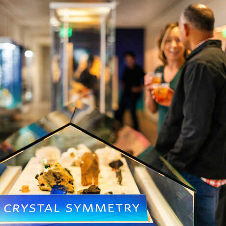 NightLife Plus guests enjoying cocktails in a private lounge in Gems and Minerals Unearthed exhibit at Cal Academy